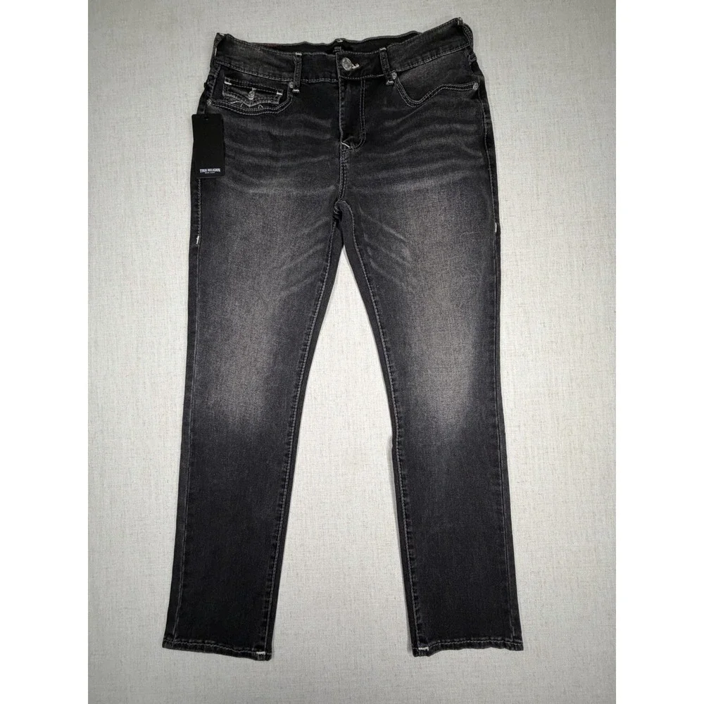 True Religion Geno Slim Jeans Men 34x32 Grey Wash Big T Flap Pocket